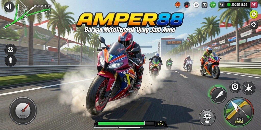 Tampilan gameplay seru AMPER88 dengan berbagai motor balap.