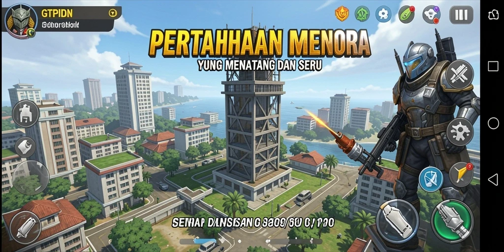 Gameplay menampilkan strategi menara dan pertahanan melawan musuh.