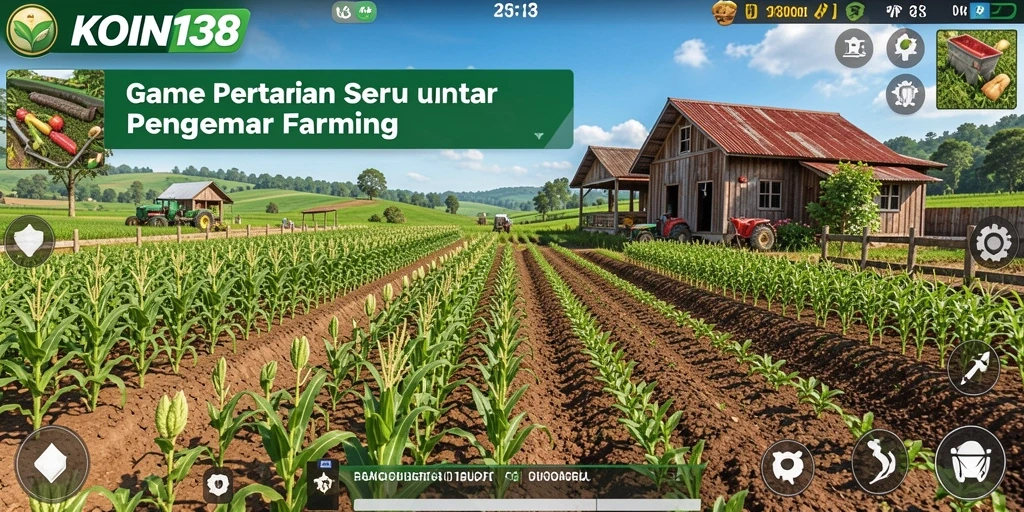 Screenshot gameplay KOIN138 yang menunjukkan suasana pertanian yang hidup.