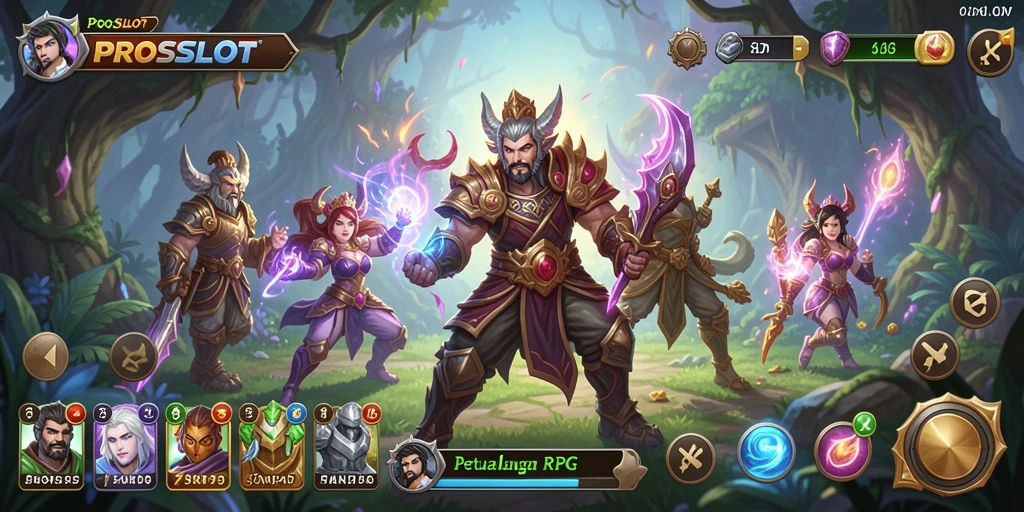 Screenshot gameplay PROSLOT menunjukkan pertempuran epik dan dunia fantasi yang indah.