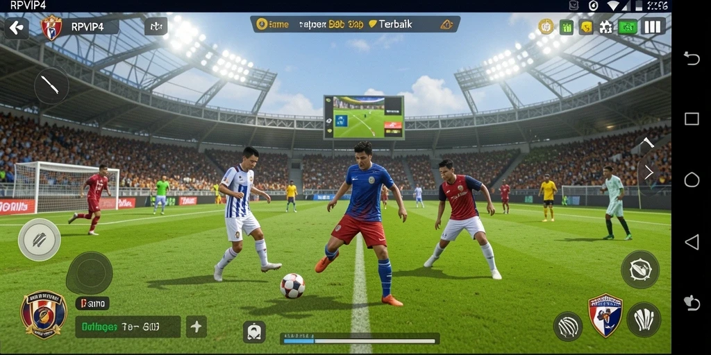 Gameplay RPVIP4 menampilkan aksi pertandingan sepak bola yang menarik.