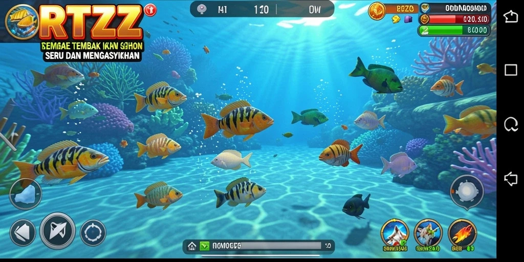 Screenshot RTZZ menampilkan aksi seru menembak ikan di dalam laut.